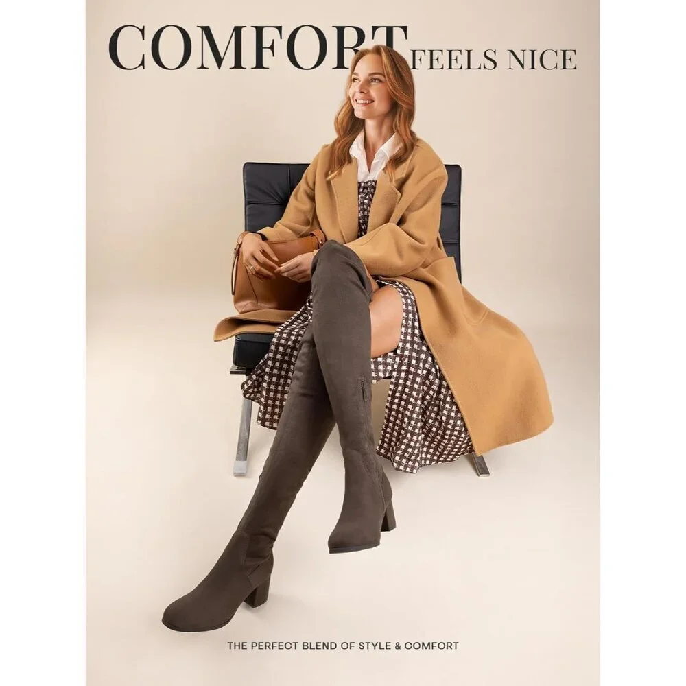 Women's Khaki Faux Leather Over The Knee Thigh High Chunky Heel Long Boots